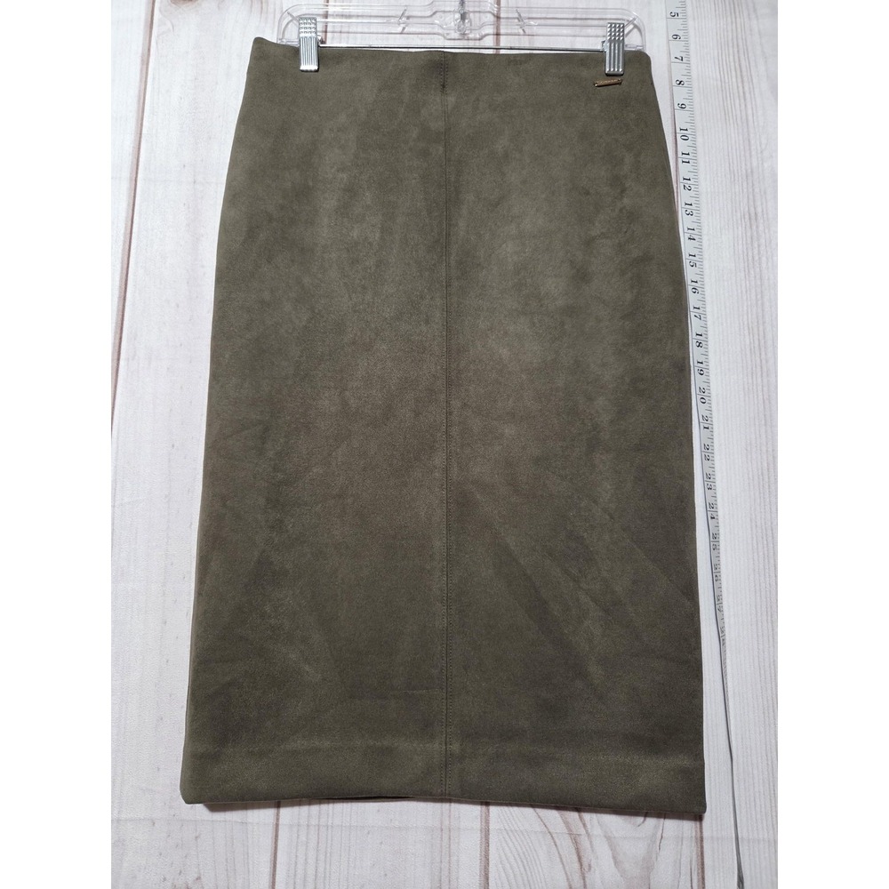 Tahari‎ Skirt Womens Small Olive Faux Leather Pencil Pull-On Stretch Knee Length
